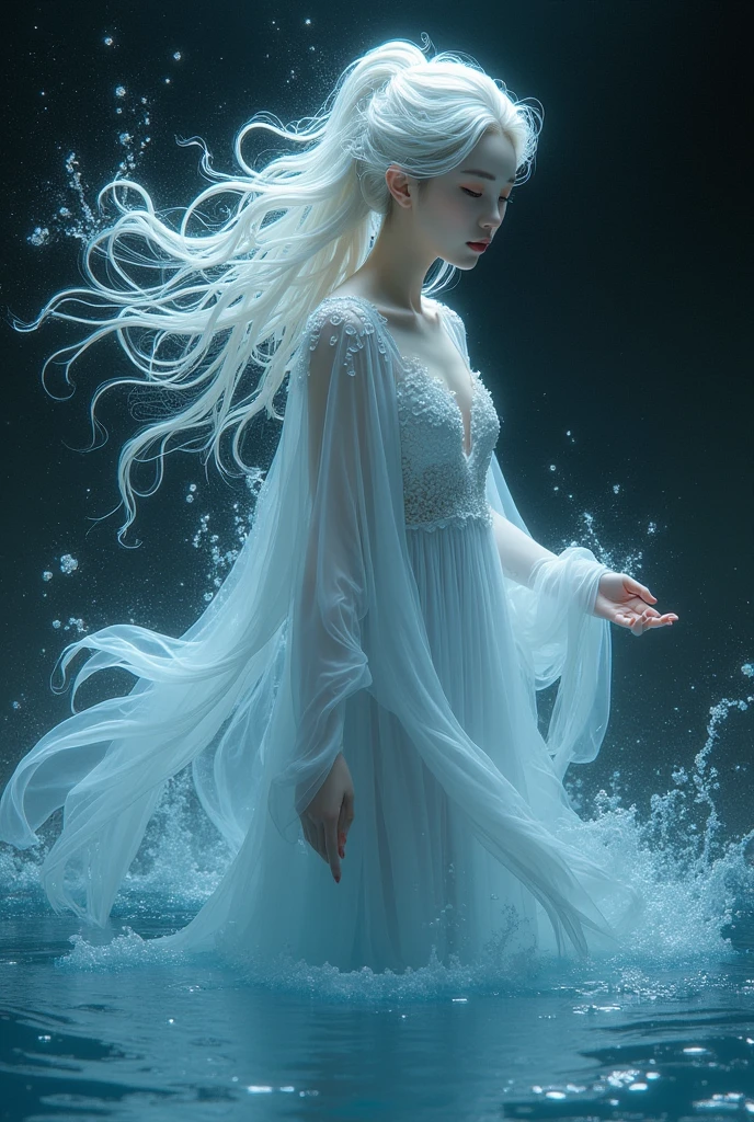 ((Highest quality)), ((masterpiece)), (detailed), A water spirit based on a Japanese woman, Cover your body in water, Wear water, Dressing Water, Wear water,Hair is made of running water、Personification of the water spirit, 浮遊感を出しFantasyに, Clothes are made of running water, Make your body semi-transparent, Overall, it is transparent and mysterious., Fluid hair, Hair is made of water,Fantasy, Pale, delicately, Hair is made of water,Overall, the image of flowing water is emphasized., Clothes are made of water, Hide your chest, Background water, Background, Dark Background, Abstract