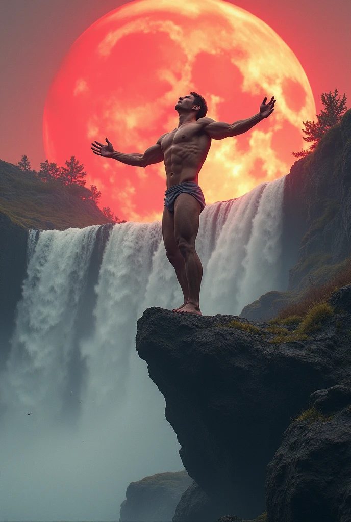 Man standing on high rock bare torso muscular but slim with open arms head raised towards height eyes closed next to a waterfall, strong wind, about to jump , wonderful nature, red sky setting sun hyperrealistic high resolution