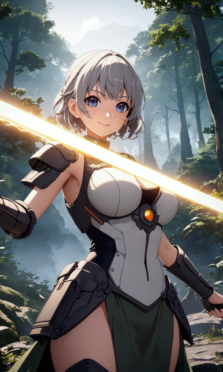 ((Highest quality、masterpiece、best quality,unreal engine,unity 8k wallpaper,anime style,animation style、High resolution、8k、detailed、ultra-detailed,upper body:1.3)),smile, adult woman,(((((Holds an energy sword in his right hand,battle dress,battle monster、The background is a forest area from another world.:1.2))))),Dynamic pose,Dynamic Angle,A dynamic scene,Big Breasts
