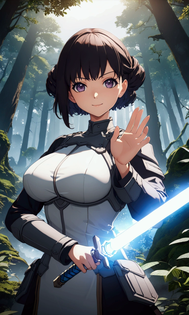 ((Highest quality、masterpiece、best quality,unreal engine,unity 8k wallpaper,anime style,animation style、High resolution、8k、detailed、ultra-detailed,upper body:1.3)),smile, adult woman,(((((Holds an energy sword in his right hand,battle dress,battle monster、The background is a forest area from another world.:1.2))))),Dynamic pose,Dynamic Angle,A dynamic scene,Big Breasts