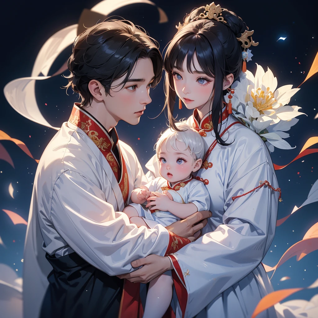 A one-year-old baby boy in an white ancient Chinese baby costume with his beautiful mother, dressed in an ancient Chinese costume, playing with each other, with his handsome father standing next to his mother, close up.
Background is a dark night, with moonlight and millions of stars, twinkling everywhere, with blue light