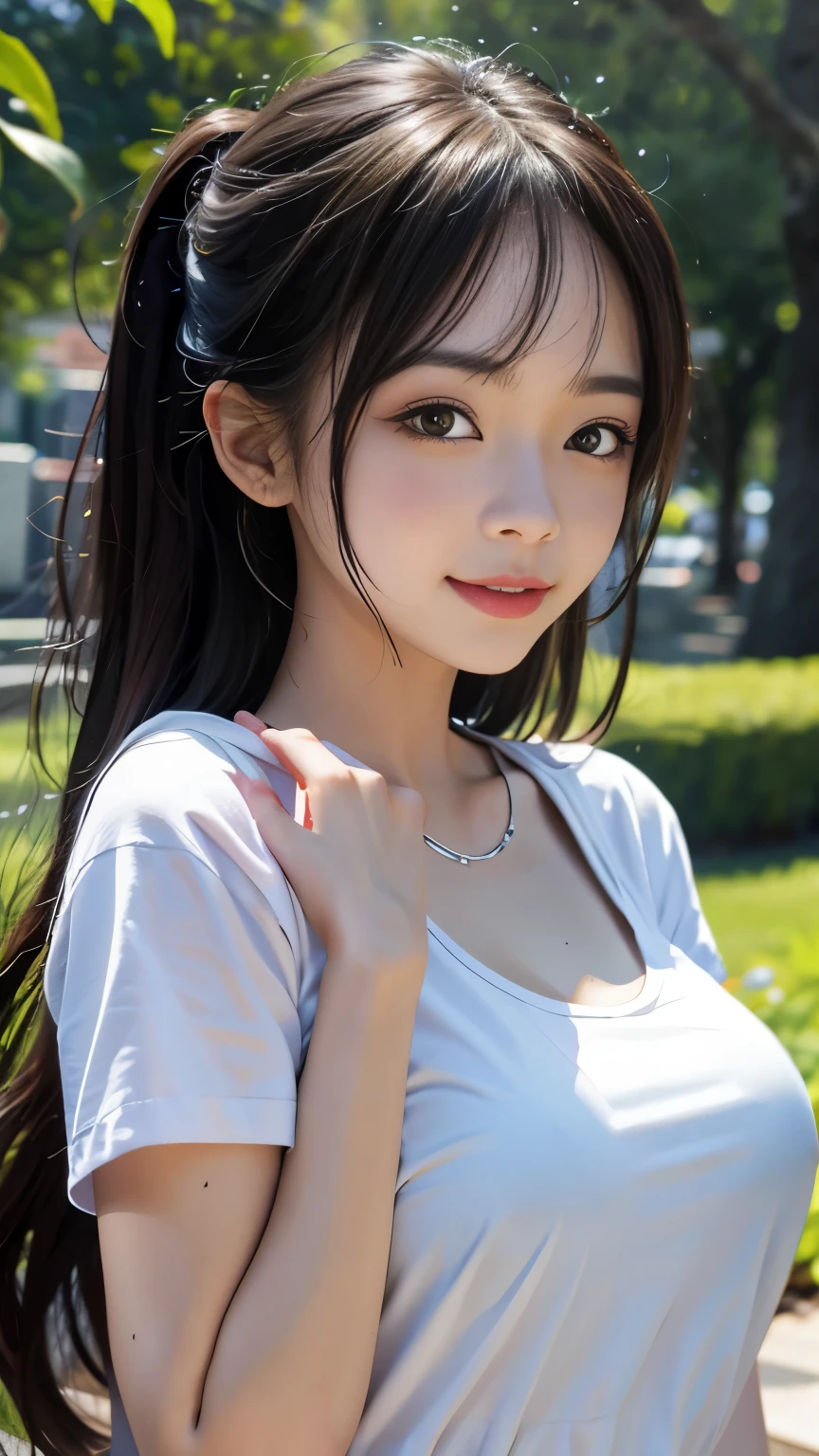 最high quality， masterpiece， One girl， Beautiful Face， （Photo Real：1.3）， Edge Light， （Highly detailed skin：1.2）， 8k, Ultra HD， Digital single-lens reflex camera， high quality， High resolution， 4K， 8k， Bokeh， Absurd， Optimal ratio of four fingers to one thumb， （Realistically：1.3）， かわいいOne girl， Wearing a white T-shirt， Medium chest， White short dress，A pure sunny smile，