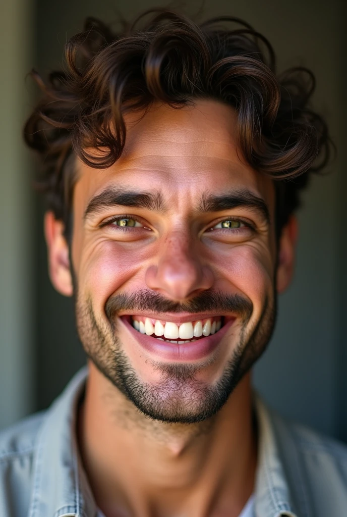 Gay man with crooked teeth, curly hair, center parting and big eyes.