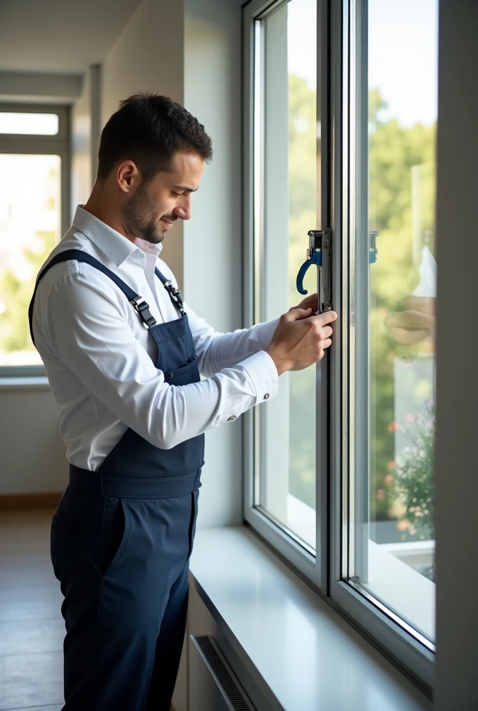 A professional technician is carefully opening a window in a modern residential setting. The technician is dressed in a neat, professional uniform, using appropriate tools to handle the window mechanism with precision. The window is modern, with clear glass, and the surrounding environment is clean, well-organized, and well-lit. The scene should emphasize the professionalism, expertise, and reliability of the service, making it an ideal image for promoting window repair and maintenance services in an online store.