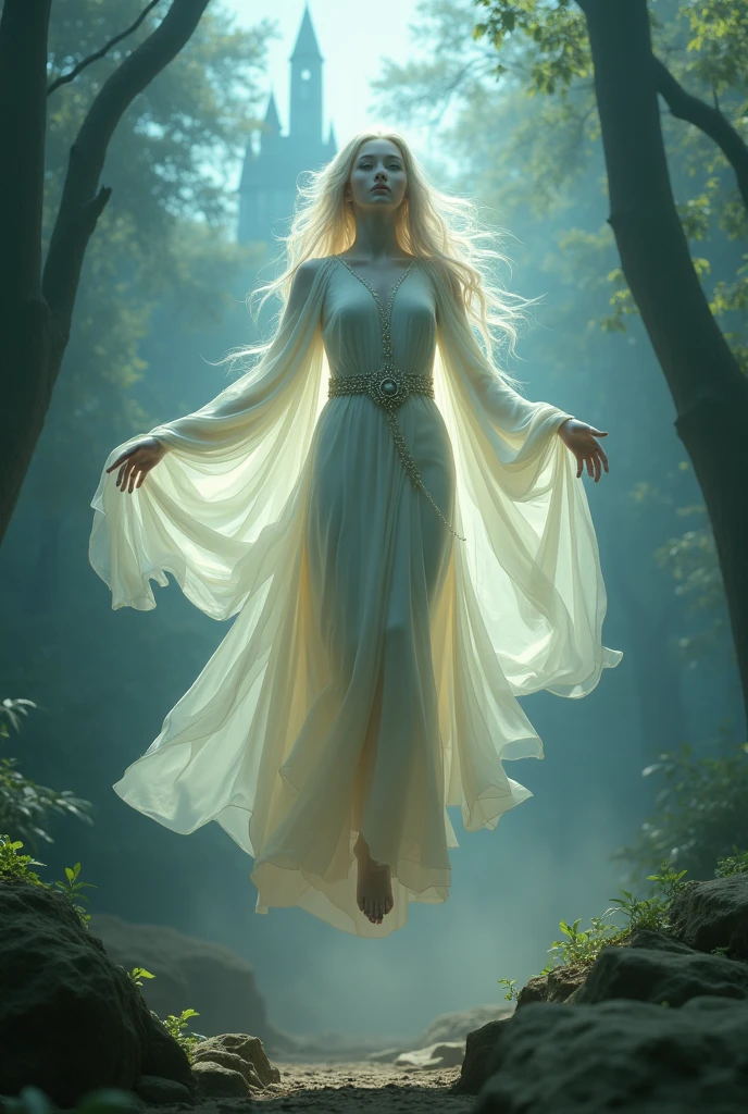 (Highest quality, 4K, 8k, High resolution, masterpiece: 1.2), Very detailed, Hauntingly beautiful, Powerful, mysteriousな, Majestic, mysterious, Fascinating, elegant,beauty, Charm,floating, The Shining, Fluttering Robe, Delicate and detailed features, Sharp Eye, Glowing Skin, On the bed, a The Shining tower, The vast Wald, divine beauty, Solemn atmosphere