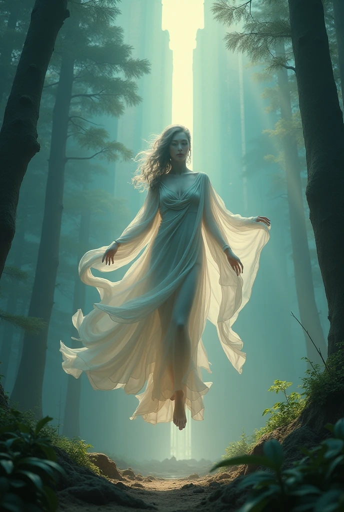 (Highest quality, 4K, 8k, High resolution, masterpiece: 1.2), Very detailed, Hauntingly beautiful, Powerful, mysteriousな, Majestic, mysterious, Fascinating, elegant,beauty, Charm,floating, The Shining, Fluttering Robe, Delicate and detailed features, Sharp Eye, Glowing Skin, On the bed, a The Shining tower, The vast Wald, divine beauty, Solemn atmosphere