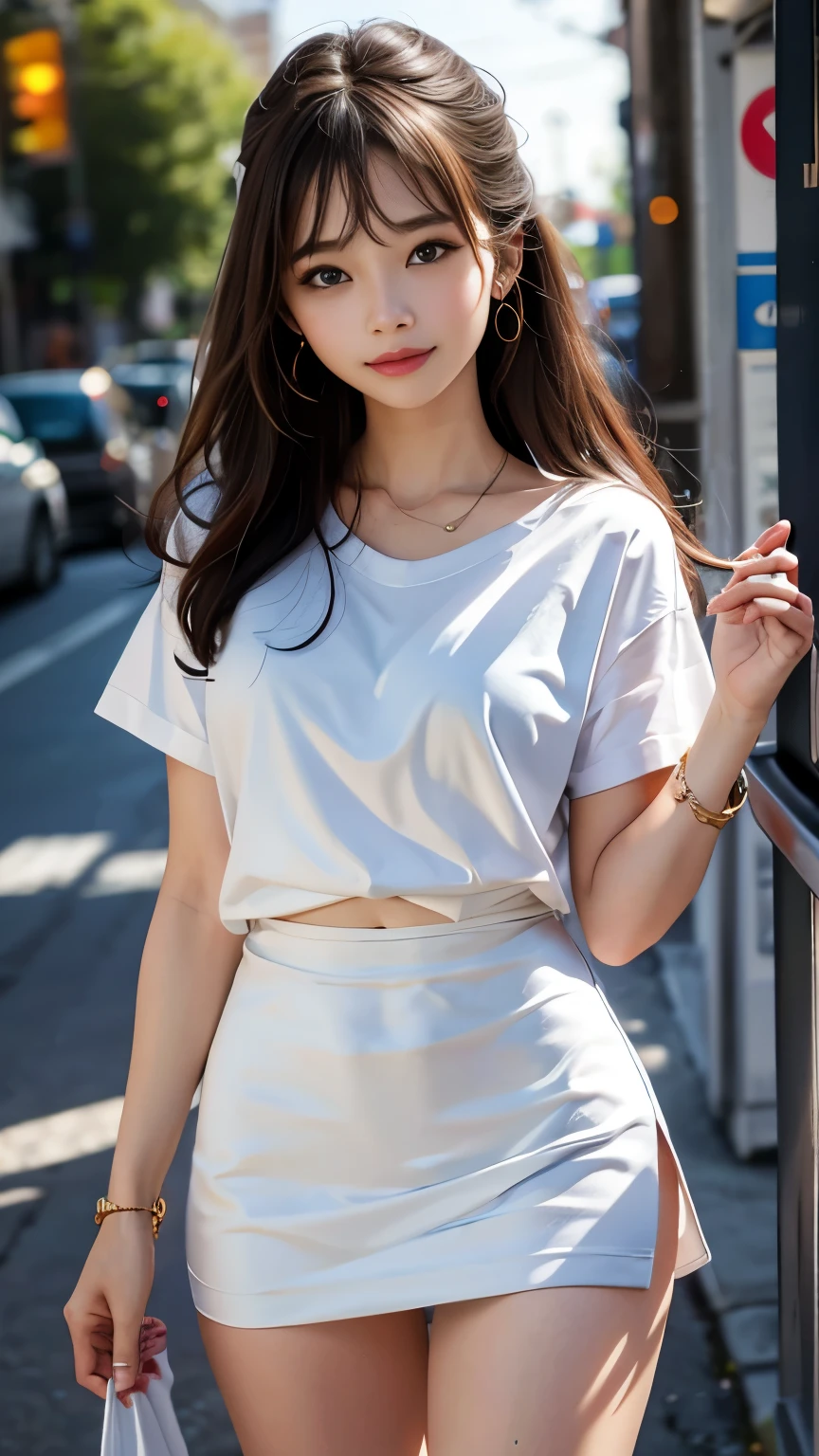 最high quality, masterpiece, One girl, Beautiful Face, (Photo Real:1.3), Edge Light, (Highly detailed skin:1.2), 8k, Ultra HD, Digital single-lens reflex camera, high quality, High resolution, 4K, 8k, Bokeh, Absurd, Optimal ratio of four fingers to one thumb, (Realistically:1.3), かわいいOne girl, Wearing a white T-shirt, Medium chest, White short dress,A pure sunny smile,