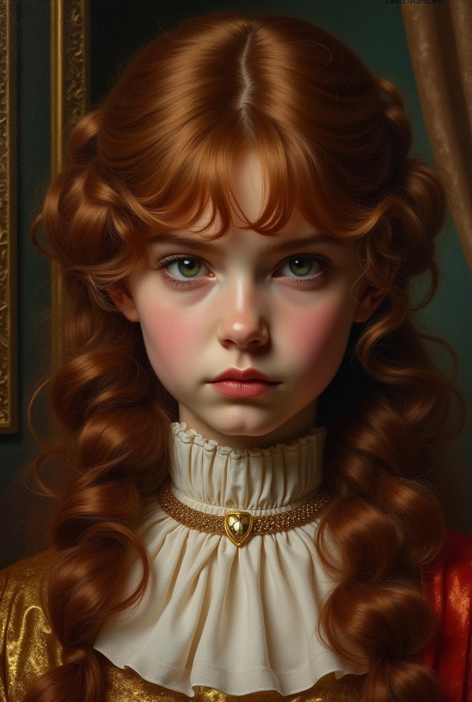 creates a girl with super curly hair with bangs as if she were royalty in a painting looking evil/angry straight ahead