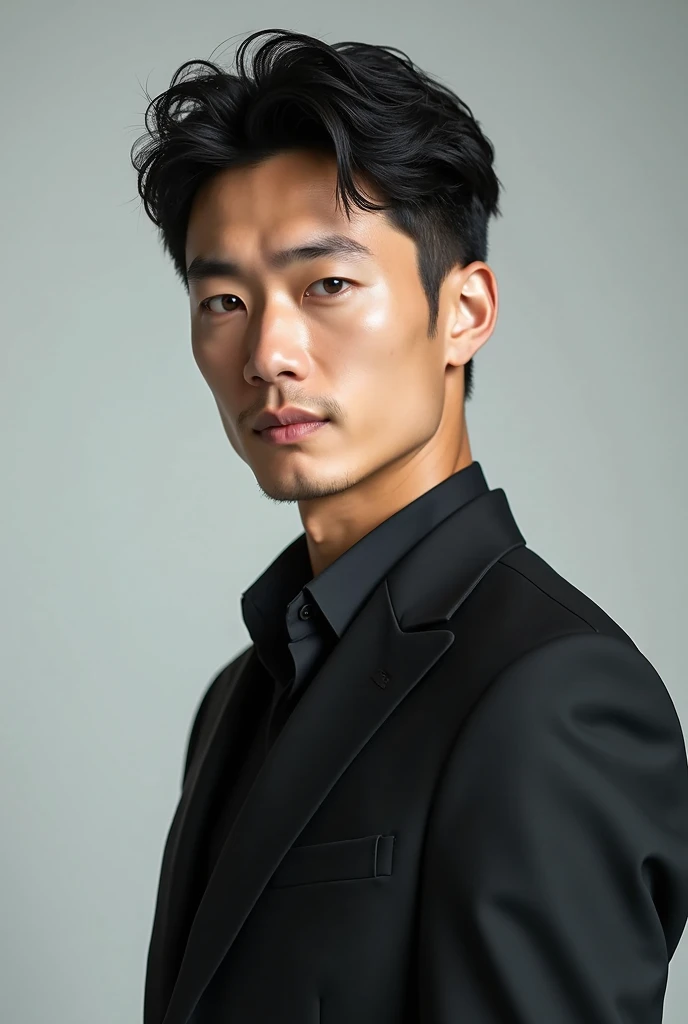 A slim but slightly muscular Japanese man in a suit, Photographed with a smartphone, Top quality, 1 beautiful men, Perfect Face, Japanese men, age 34, suit, ((center part hair)), short hair, black hair, ((oily hair)), Posing like a magazine cover,