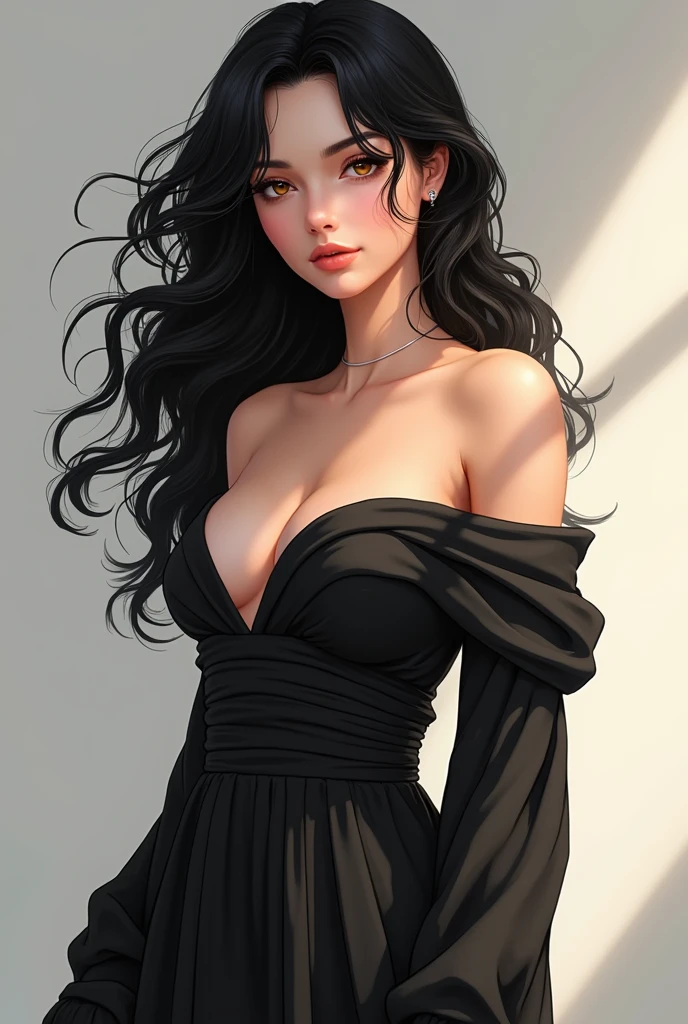 Beautiful adult woman with black hair and amber eyes with perfect curvy anatomy, Ancient Greek clothing in black, anime style 