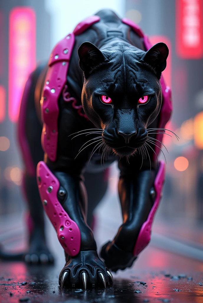 A black panther in cyborg and in pink glossy and balck