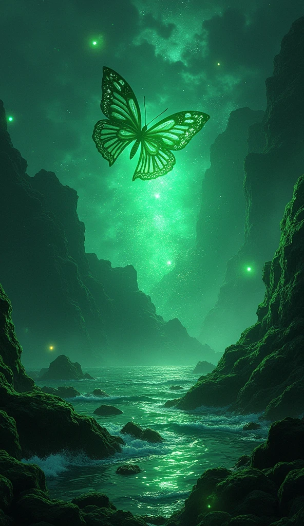 realistic, multicolor emerald in the space, rhytm, chaos, view, around, clear, ocean, butterflies, effects, amazing, so pure