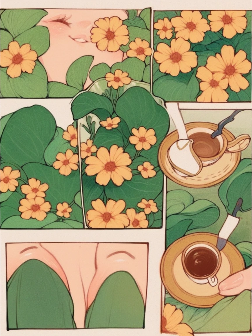 score_9, score_8_up, score_7_up, score_6_up,  p4n3ls, 1girl, coffee, flowers, panels