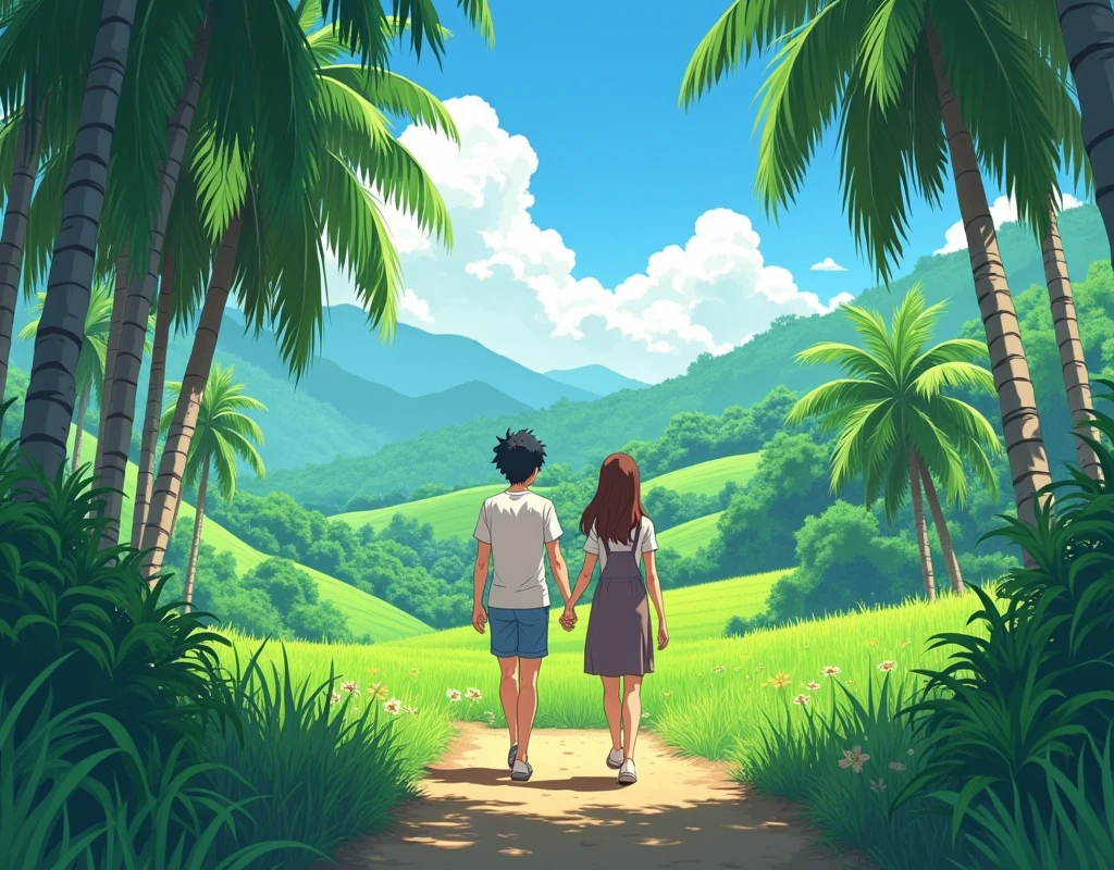 Anime couple walking, A heartwarming retro anime-inspired of a beautiful tropical hill woods, distance rice field and coconut tree, style of Studio Ghibli and Hayao Miyazaki, detail lines