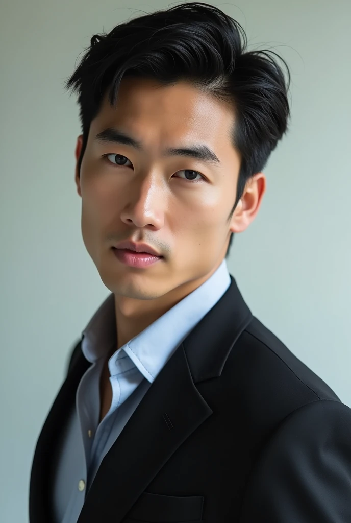 A slim but slightly muscular Japanese man in a suit, Photographed with a smartphone, Top quality, 1 beautiful men, Perfect Face, Japanese men, age 34, suit, ((center part hair)), short hair, black hair, ((oily hair)), Posing like a magazine cover,