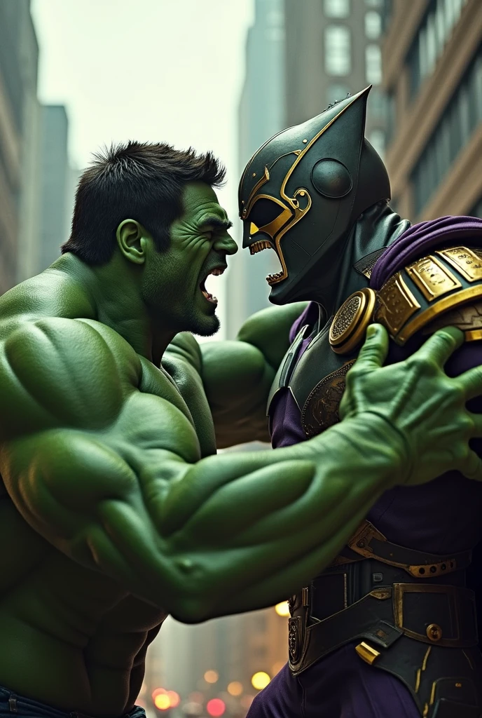 Create Robert Downey Jr in Dr Doom fighting with Hulk