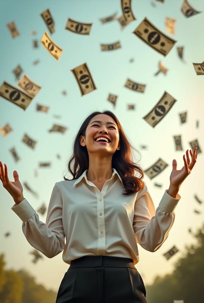 A beautiful, pretty Thai businesswoman smiles happily, looks up, and spreads her arms, waiting to receive money, which is falling from the sky in large amounts.