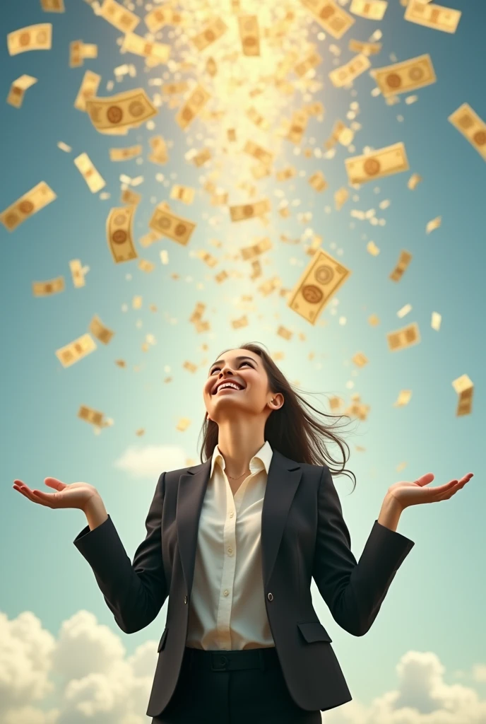 A beautiful, pretty Thai businesswoman smiles happily, looks up, and spreads her arms, waiting to receive money, which is falling from the sky in large amounts.