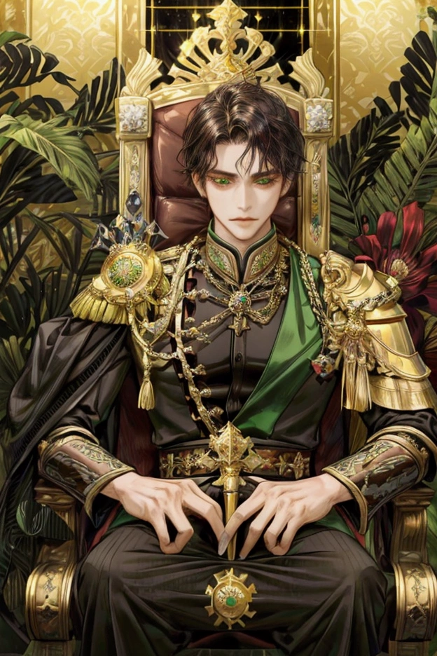 1male, emperor style, masculine perfect face, perfect light green eyes, short dark black wavy hair, brown black armor suit, sitting in his throne, gold black scepter in his left hand, perfect body, javanese royal castle, detailed, masterpiece.