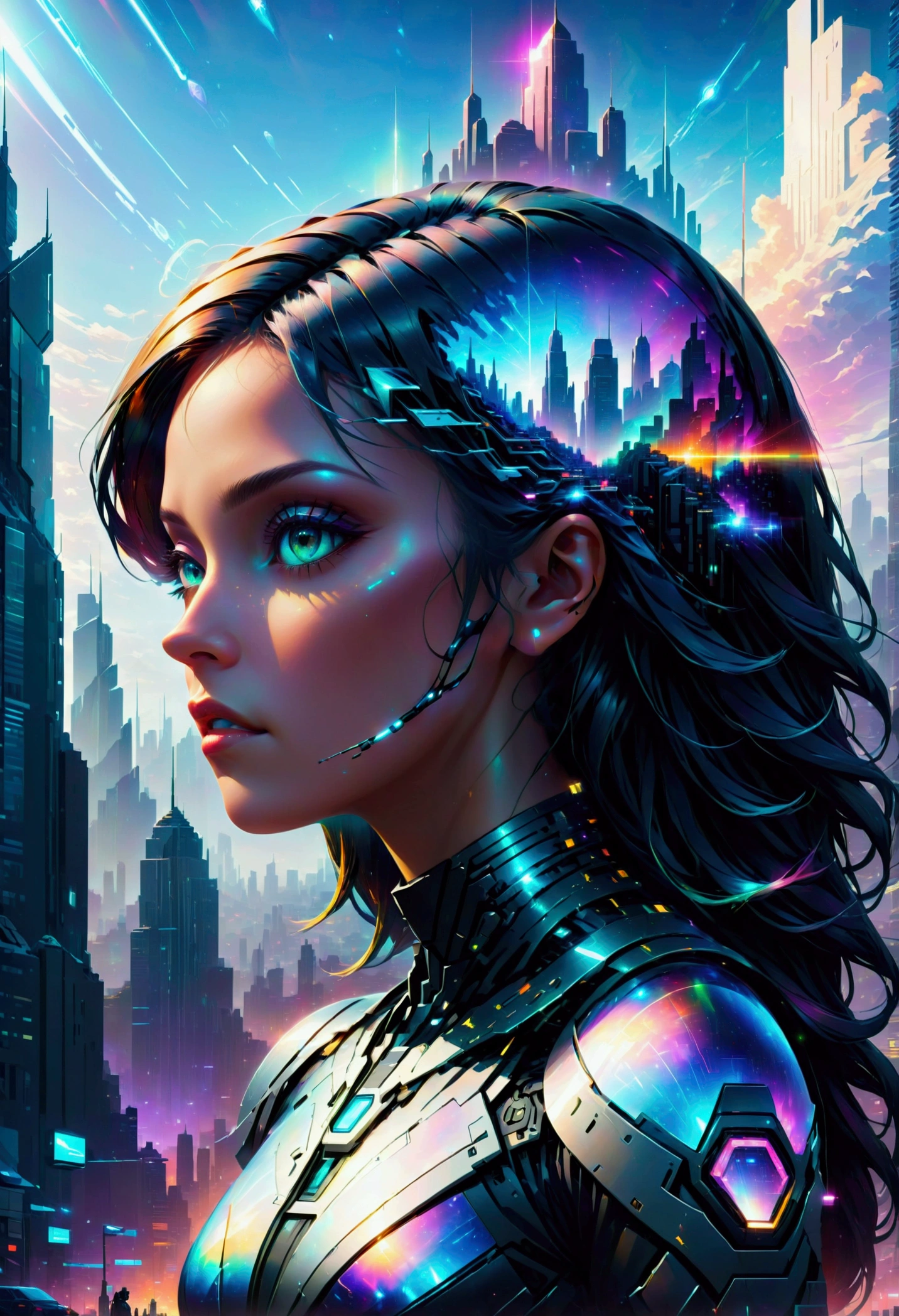 cybernetic, holographic, digital illustration, pixelated, silhouette of a woman, futuristic cityscape, double exposure, monumental, chaotic, surreal, 