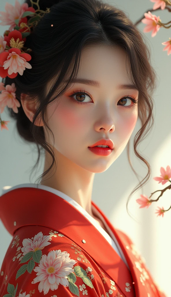 1girl, Solo, High Resolution, Brown eyes, Open Mouth, beautiful Japanese kimono, very beautiful Japanese female, beautiful fingers, red nails, Simple background. 