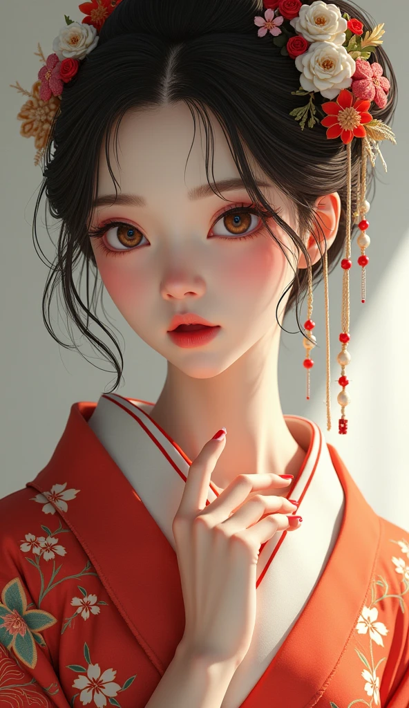 1girl, Solo, High Resolution, Brown eyes, Open Mouth, beautiful Japanese kimono, very beautiful Japanese female, beautiful fingers, red nails, Simple background.