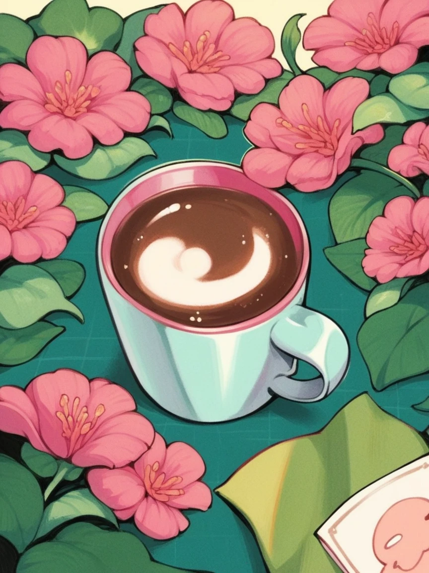 score_9, score_8_up, score_7_up, score_6_up,  p4n3ls, 1girl, coffee, flowers