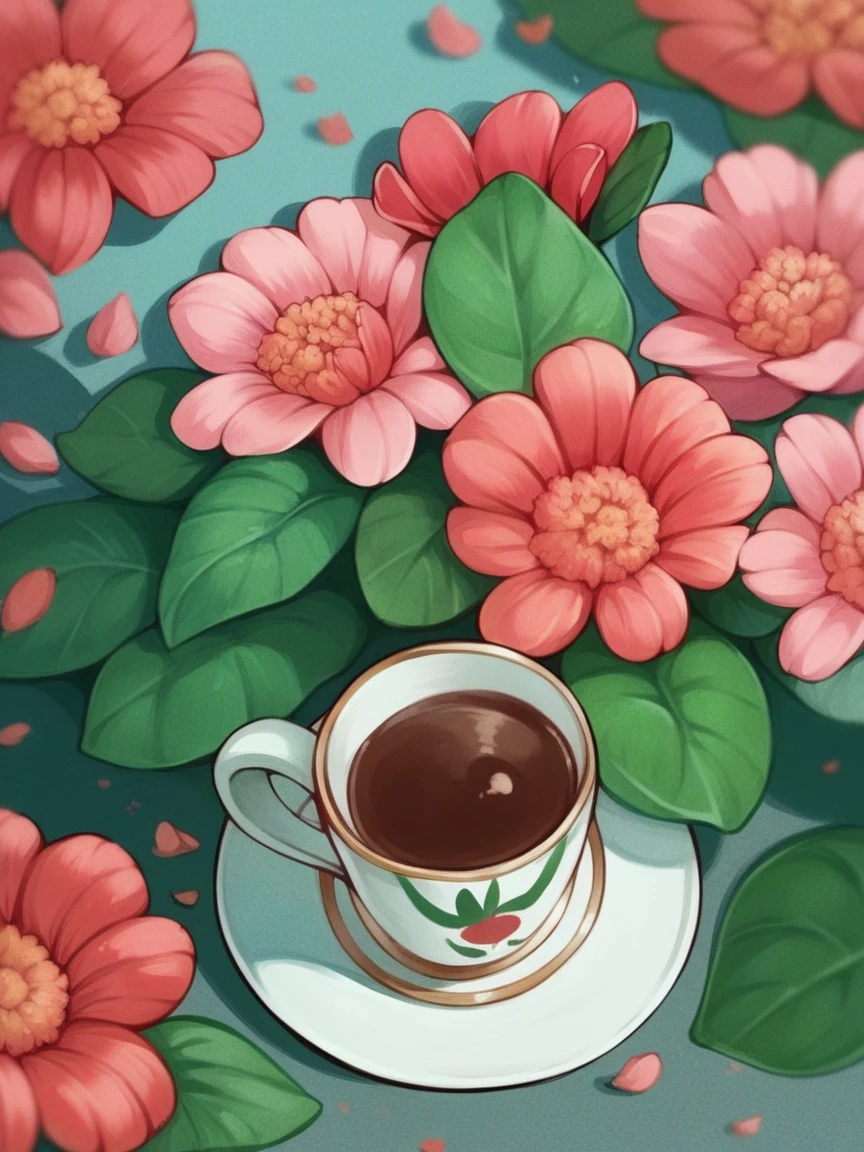 score_9, score_8_up, score_7_up, score_6_up, p4n3ls, 1girl, coffee, flowers