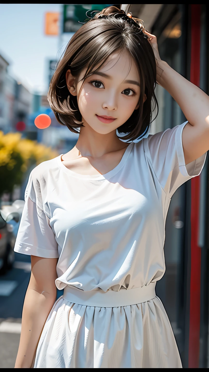 最high quality, masterpiece, One girl, Beautiful Face, (Photo Real:1.3), Edge Light, (Highly detailed skin:1.2), 8k, Ultra HD, Digital single-lens reflex camera, high quality, High resolution, 4K, 8k, Bokeh, Absurd, Optimal ratio of four fingers to one thumb, (Realistically:1.3), かわいいOne girl, Wearing a white T-shirt, Medium chest, White short dress,A pure sunny smile,