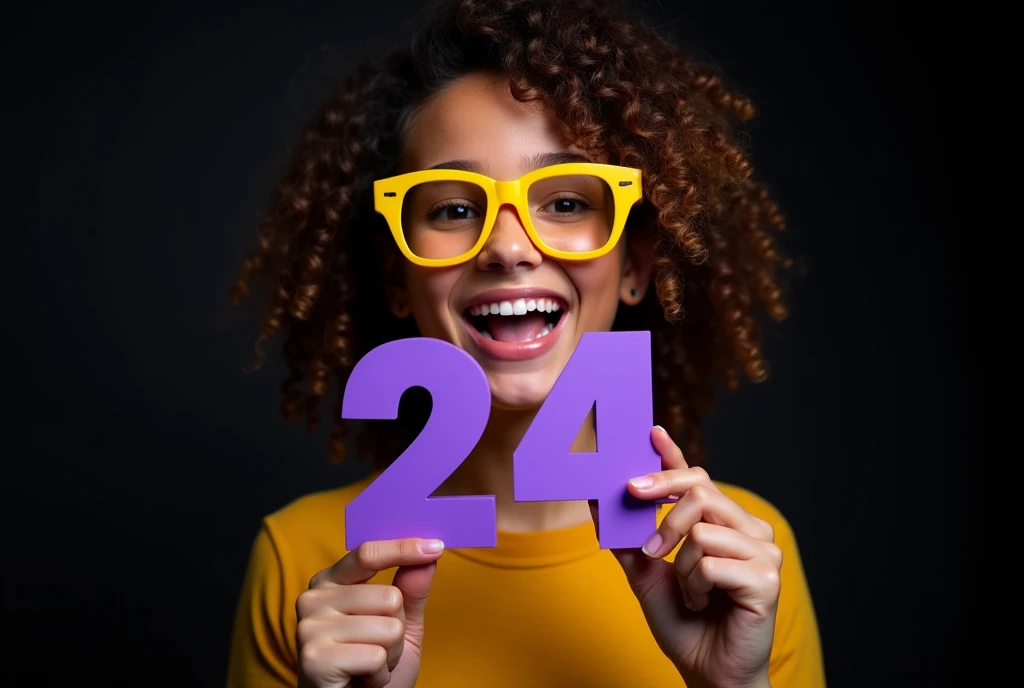 Joyful sexy girl 1 in yellow glasses, advertising photography, holds volumetric purple numbers 24 made of matte plastic, Black background, hairstyle curly hair, Backlight, studio advertising lighting, high detail,