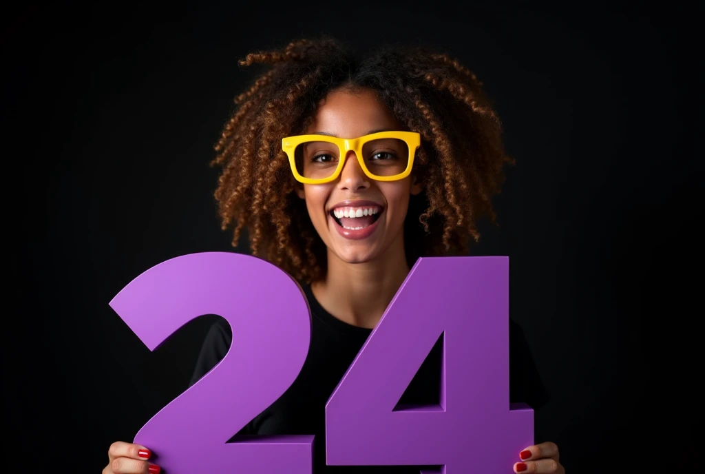 Joyful sexy girl 1 in yellow glasses, advertising photography, holds volumetric purple numbers 24 made of matte plastic, Black background, hairstyle curly hair, Backlight, studio advertising lighting, high detail,