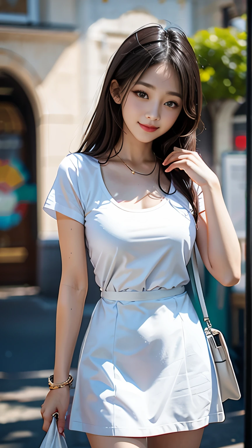 最high quality, masterpiece, One girl, Beautiful Face, (Photo Real:1.3), Edge Light, (Highly detailed skin:1.2), 8k, Ultra HD, Digital single-lens reflex camera, high quality, High resolution, 4K, 8k, Bokeh, Absurd, Optimal ratio of four fingers to one thumb, (Realistically:1.3), かわいいOne girl, Wearing a white T-shirt, Medium chest, White short dress,A pure sunny smile,