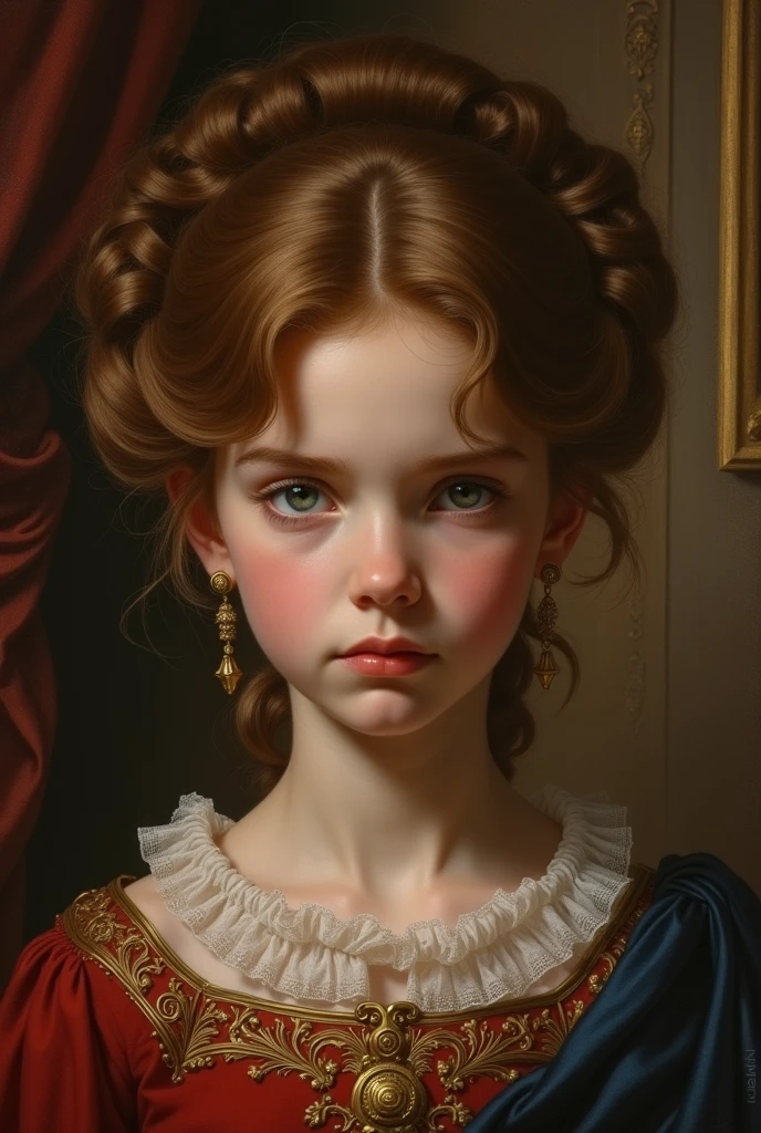 creates a girl with super curly hair with bangs as if she were royalty in a painting looking evil/angry straight ahead