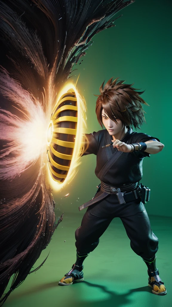 Holding a yellow ring and a black and yellow object in his hand、Anime characters, (Octane Rendering) Fantasy Style, Anime-style 3D, Fantasy Style 8 k Octane Rendering, Anime Bullet VFX, Rendered in Unreal Engine, fighting game character, small character. Unreal Engine 5, Video Game Rendering, 3d rendering character art 8k, Unreal Engine 5