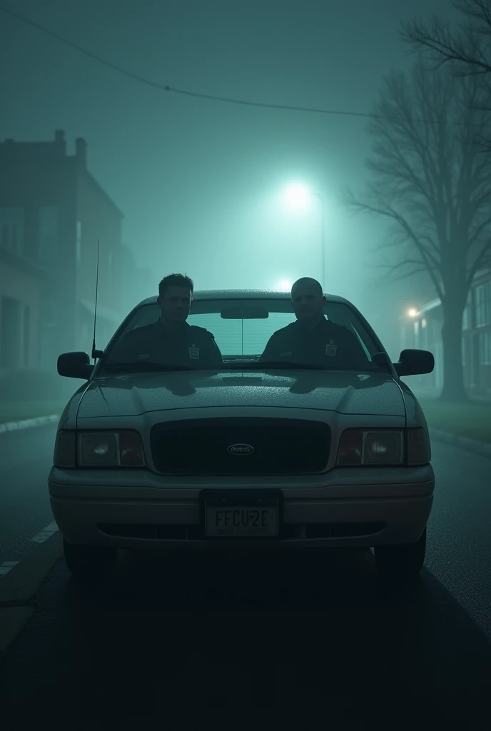 2 men sitting in a patrol car.The foggy conditions are creepy