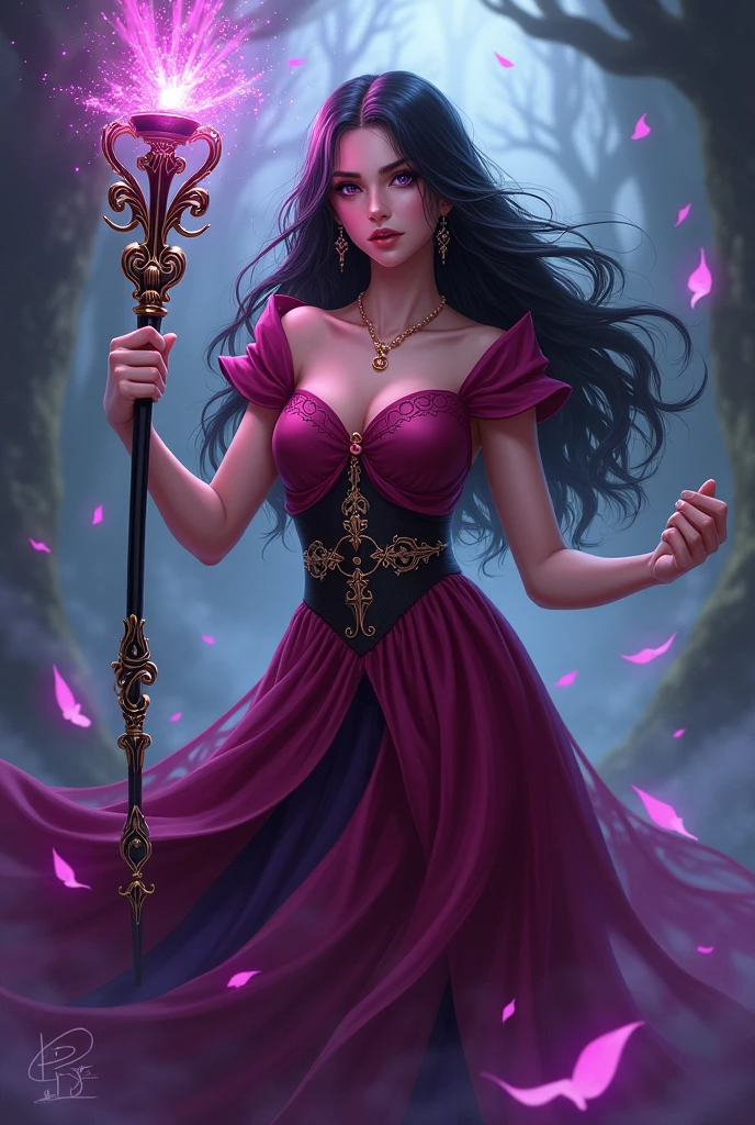 Young witch with long black hair, purple eyes, red-purple dress, and a black and gold scepter.