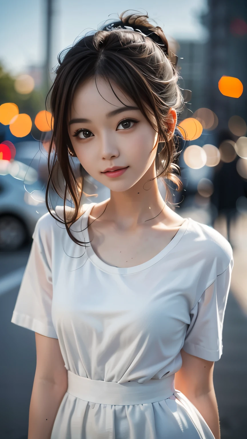 最high quality， masterpiece， One girl， Beautiful Face， （Photo Real：1.3）， Edge Light， （Highly detailed skin：1.2）， 8k, Ultra HD， Digital single-lens reflex camera， high quality， High resolution， 4K， 8k， Bokeh， Absurd， Optimal ratio of four fingers to one thumb， （Realistically：1.3）， かわいいOne girl， Wearing a white T-shirt， Medium chest， White short dress，A pure sunny smile，
