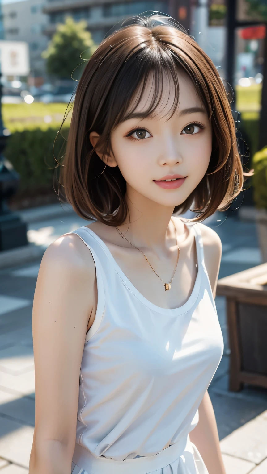 最high quality， masterpiece， One girl， Beautiful Face， （Photo Real：1.3）， Edge Light， （Highly detailed skin：1.2）， 8k, Ultra HD， Digital single-lens reflex camera， high quality， High resolution， 4K， 8k， Bokeh， Absurd， Optimal ratio of four fingers to one thumb， （Realistically：1.3）， かわいいOne girl， Wearing a white T-shirt， Medium chest， White short dress，A pure sunny smile，