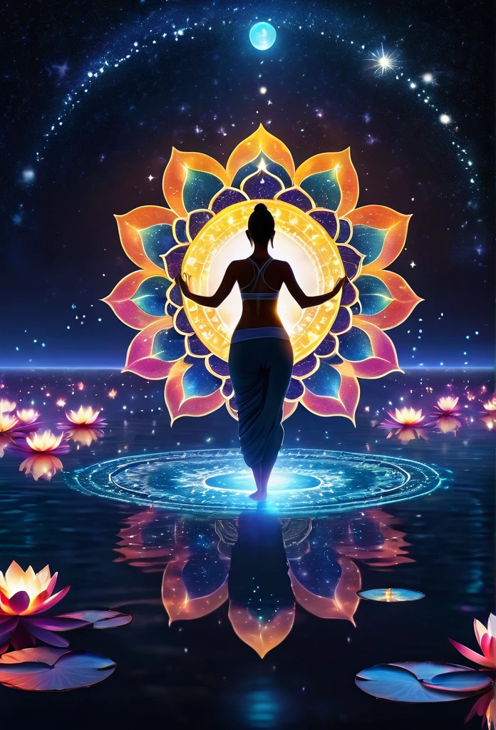 In the middle of a lake, a mysterious female dark silhouette in the middle of the night, surrounded by luminous orbs, a summoner dances to appease the spirits of the departed. ritual canvas clothes. Sensual. Multiple magic circles. dynamic dance. waterlilies. Colorful color palette.
Cinema Lighting, High resolution,
universe space、Stars shining in the night sky、Mystical mandala background。
Woman doing yoga、Chakra Light、Lotus flower in full bloom。Delicate and mysterious art。