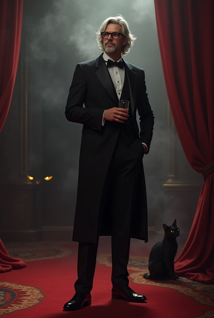 Create a realistic image where a young man with mid long white coloured hair and beard but he's actually young and wearing black luxury suit and a ni black spectacles and standing on luxury floor with red carpet, he's holding a whiskey glass in his hand and second hand in his pants pocket, there is smoke in background a shadow of cat and cat's eyes is glowing in yellow colour.