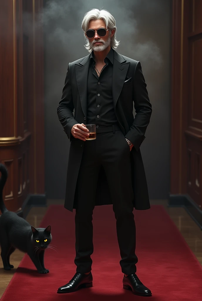 Create a realistic image where a young man with mid long white coloured hair and beard but he's actually young and wearing black luxury suit and a ni black spectacles and standing on luxury floor with red carpet, he's holding a whiskey glass in his hand and second hand in his pants pocket, there is smoke in background a shadow of cat and cat's eyes is glowing in yellow colour.