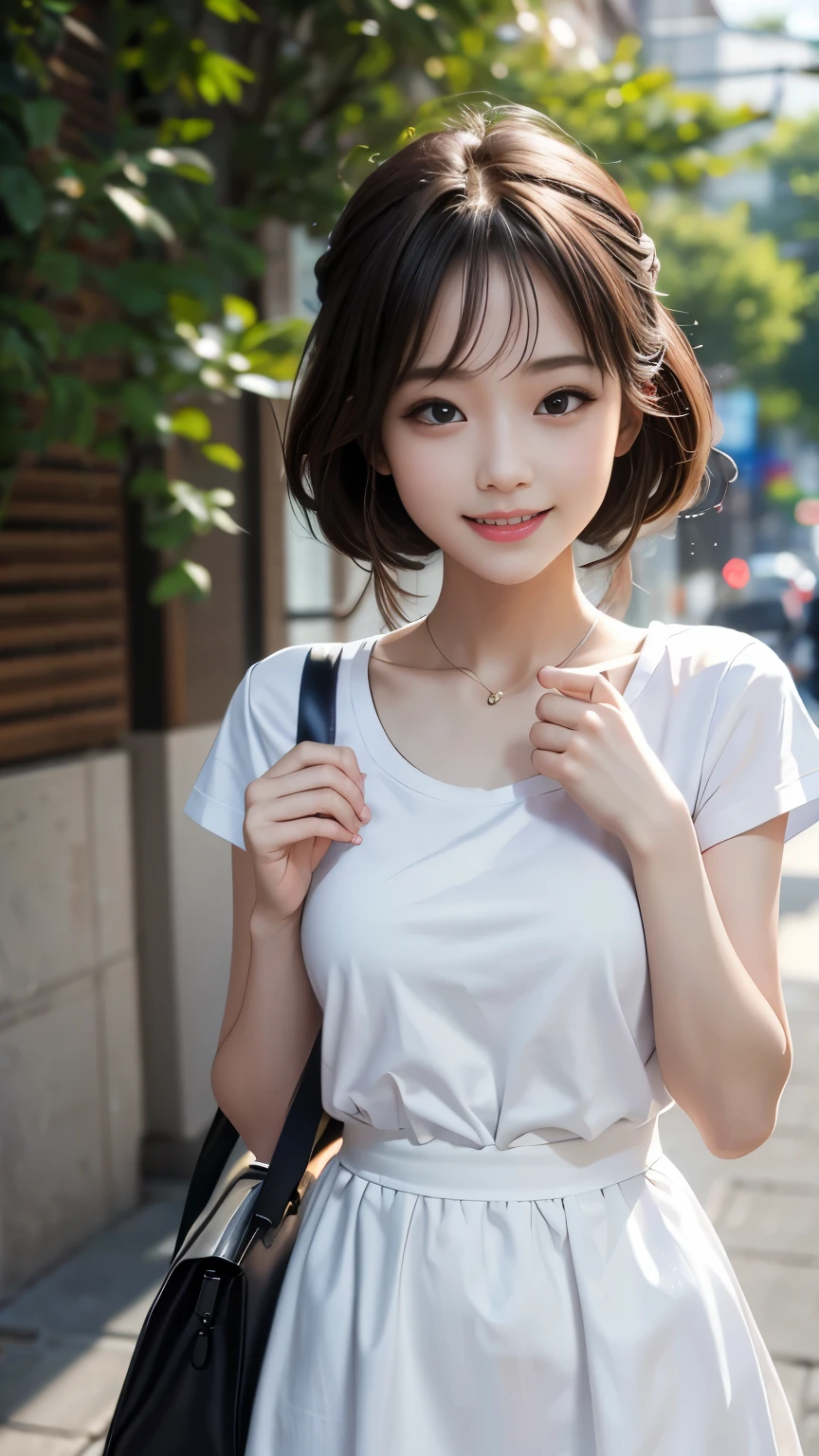 最high quality, masterpiece, One girl, Beautiful Face, (Photo Real:1.3), Edge Light, (Highly detailed skin:1.2), 8k, Ultra HD, Digital single-lens reflex camera, high quality, High resolution, 4K, 8k, Bokeh, Absurd, Optimal ratio of four fingers to one thumb, (Realistically:1.3), かわいいOne girl, Wearing a white T-shirt, Medium chest, White short dress,A pure sunny smile,