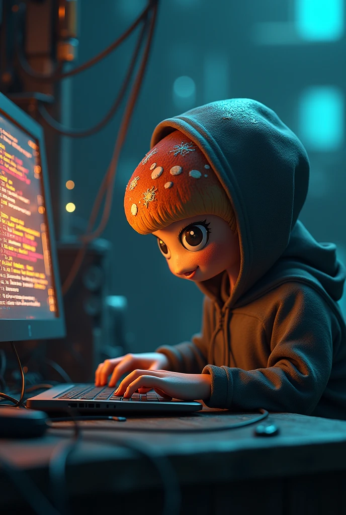 A mushroom is wearing a hoodie. Doing hacking 