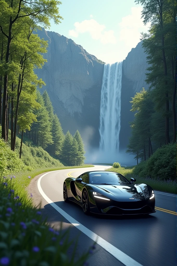 Car in the highway of nature with waterfall