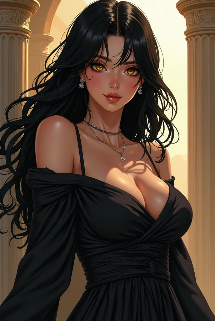 Beautiful adult woman with black hair and amber eyes with perfect curvy anatomy, Black Ancient Greek clothing with anime style