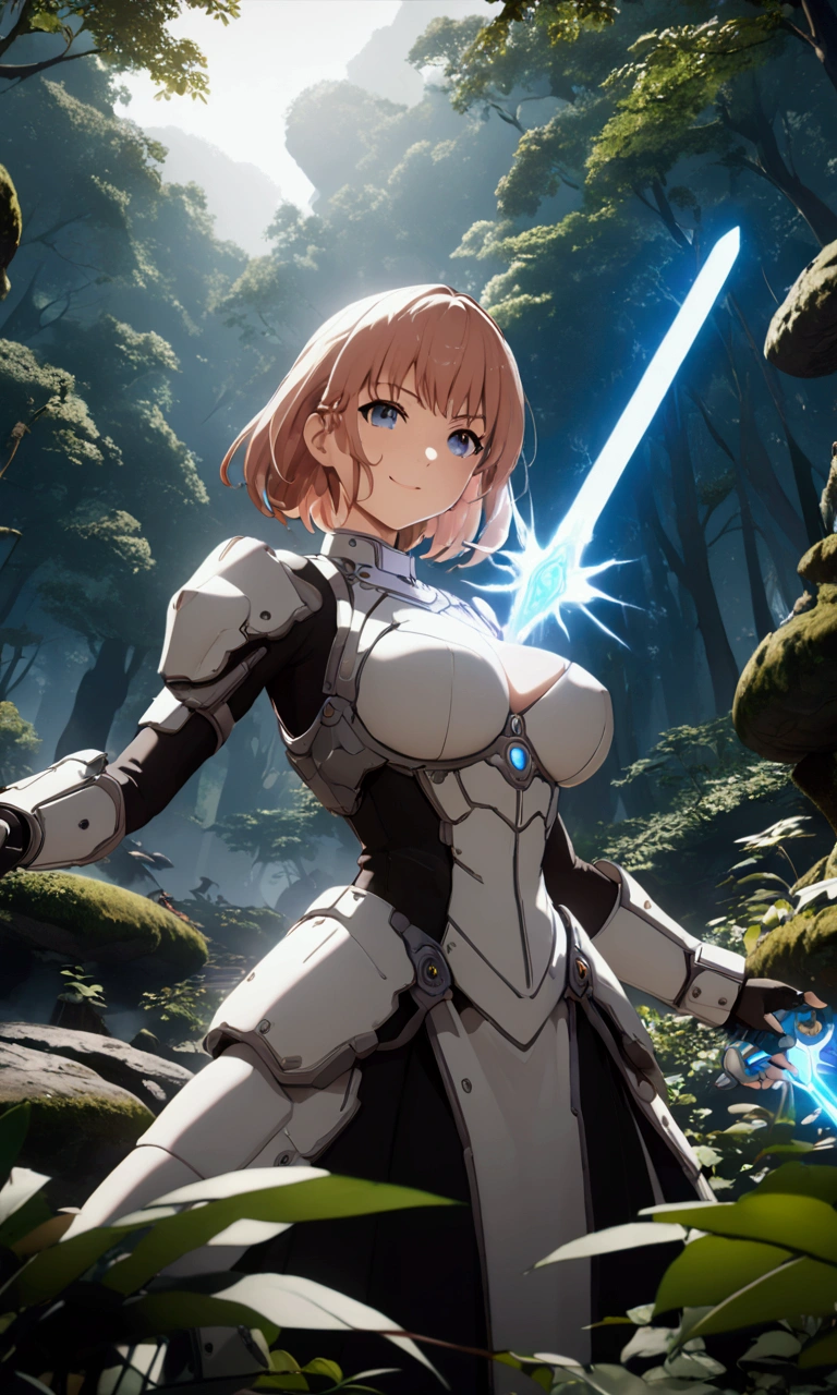 ((Highest quality、masterpiece、best quality,unreal engine,unity 8k wallpaper,anime style,animation style、High resolution、8k、detailed、ultra-detailed,upper body:1.3)),smile, adult woman,(((((Holds an energy sword in his right hand,battle dress,battle monster、The background is a forest area from another world.:1.2))))),Dynamic pose,Dynamic Angle,A dynamic scene,Big Breasts