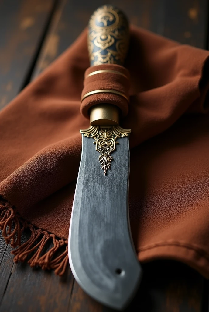 Seal carving knife,A long strip of metal,Wrap this brown cloth,Gold Engraving,Shiny grey edge.HD,Rich details,best quality,
