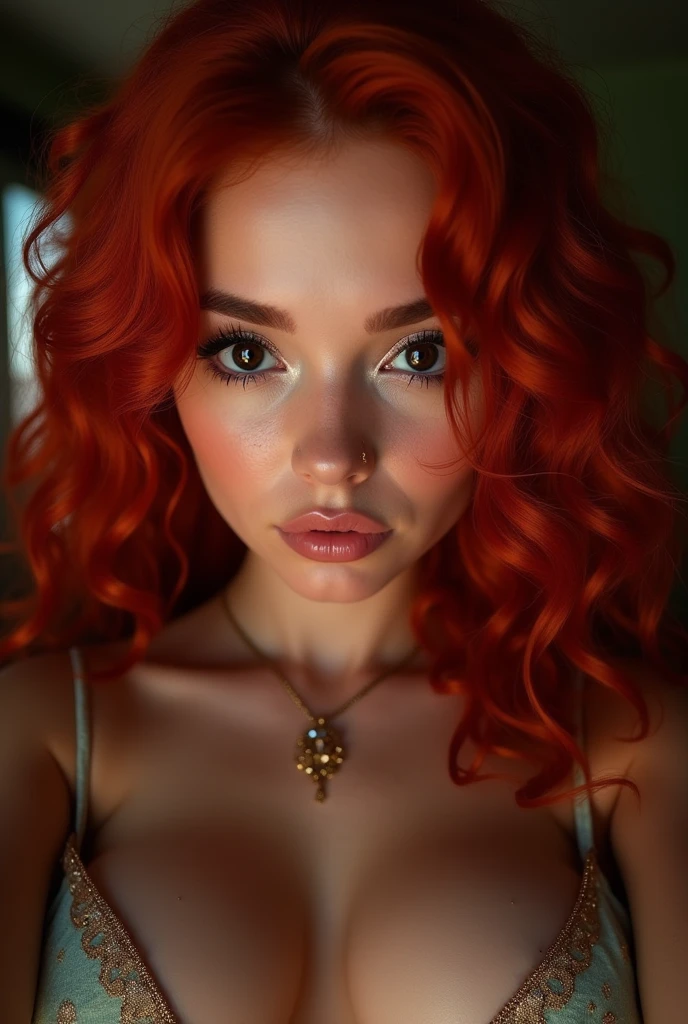 ((Very beautiful girl)), 8k, Young beautiful girl, sexy girl, ((red long hair)), red long curly hair, ((very long hair)), complex makeup, ((big tits)), ((huge breasts)), big boobs, ((huge tits)), ((plump lips)), pouty lips, pouty lips, big lips, ((big expressive black eyes)), big eyes, perfect beautiful girl, young mommy, necklace, glitter, ((perfect hands)), wet, sexy, ((in a silk white blouse)), Background: ((selfie at school)), ((selfie)), close-up, many details, contour lighting, ((selfie)), close-up, first person, sex, lust, debauchery,