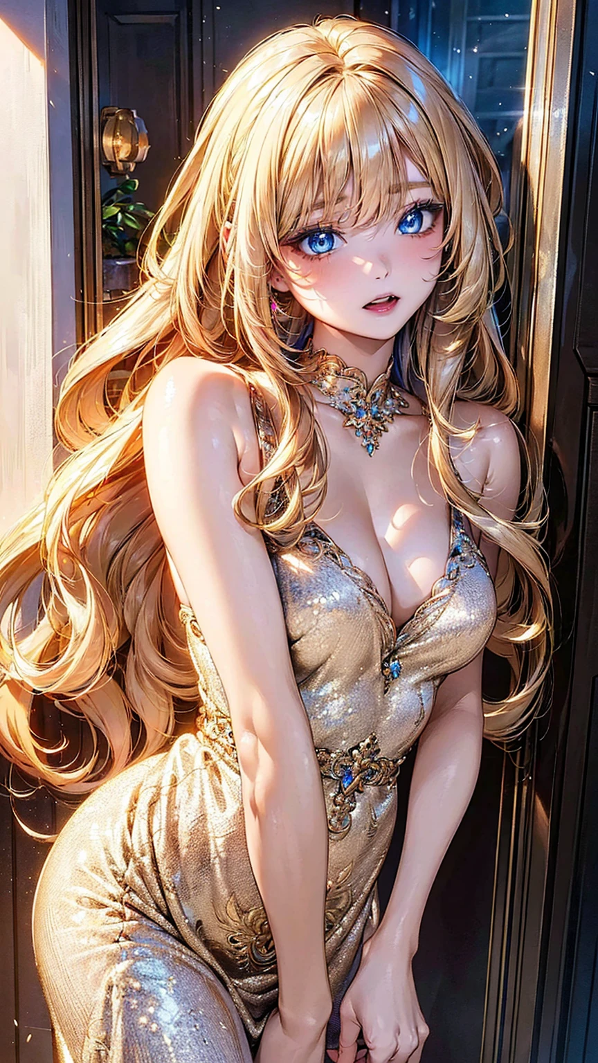 (best quality, 8K, masterpiece:1.3,beautiful girl), (Very detailed)Radiant Skin,(((Long hair,Blonde,Beautiful hair))),(Perfect anatomical structure, Anatomically correct, Very detailed肌),((blue eyes)),Silver shiny sequin dress,Sexy home from get off work,Open the door,Tired expression