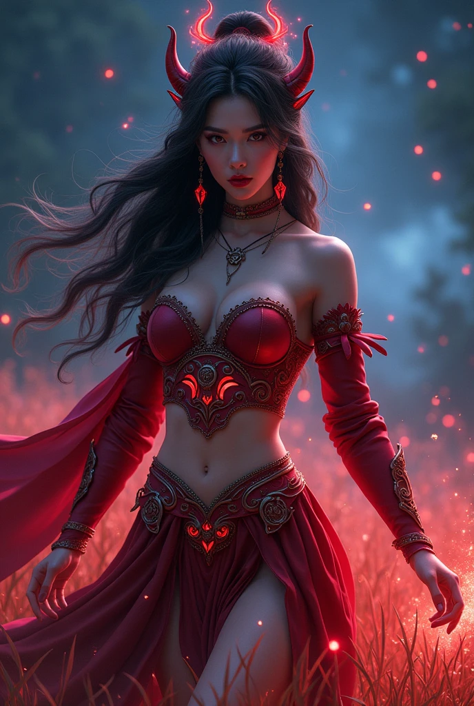 dark,Starlight,an oriental woman,Evil expression,sharp eyes,Magic Horn,long flowing hair,Big breasts,Proud figure, Wearing charming red metal armor,Armor skirt,Show belly button,Glowing Armor Runes,skirt texture glowing,on the grass,The grass shines brightly,.